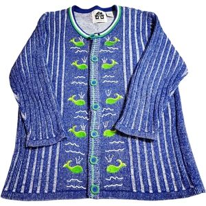 Storybook Knits Ebroidered Whale Of a Day Cardigan Ribbed Sweater | Size Medium